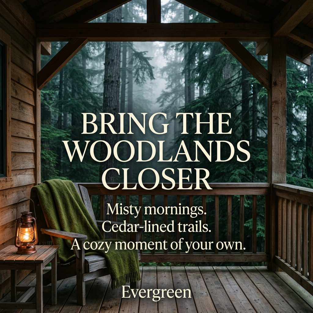 Evergreen brand story: bring the woodlands closer, with misty mornings and cedar-lined trails.
