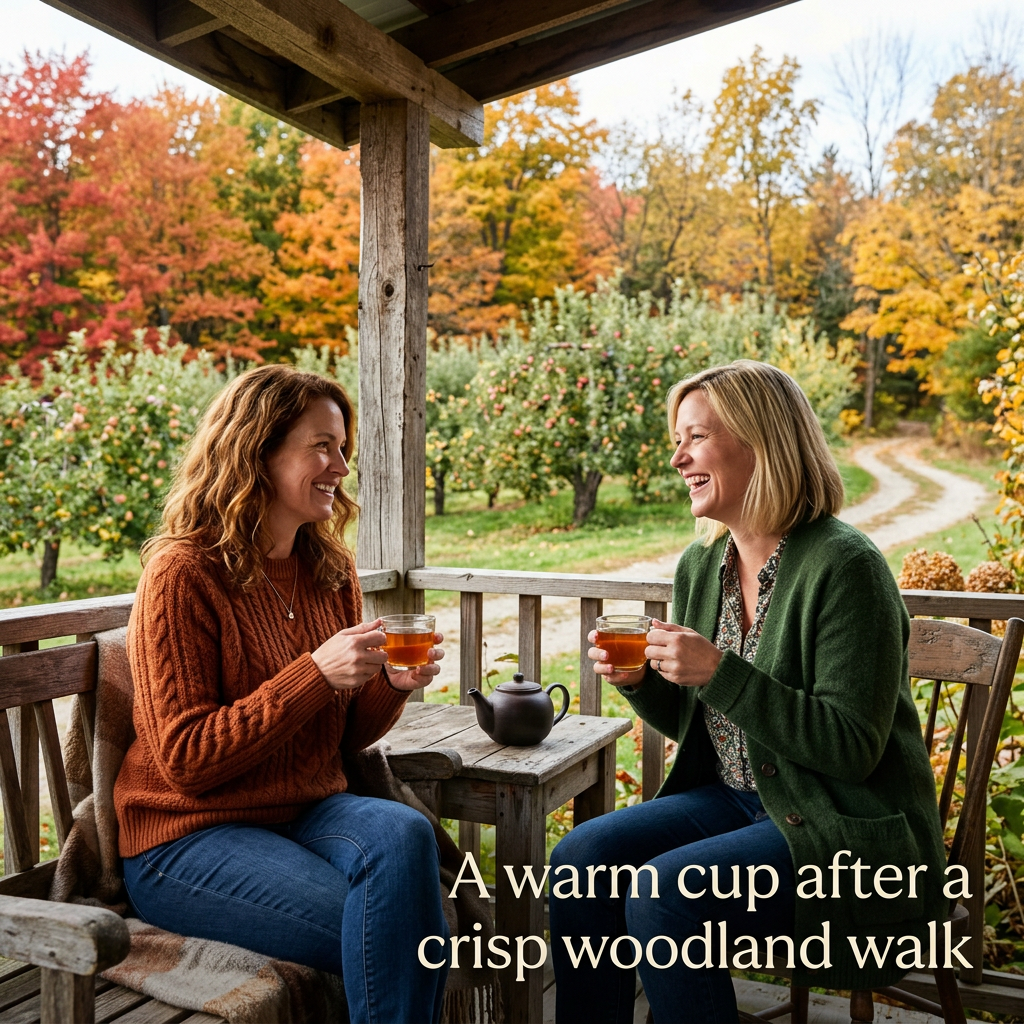 Two friends enjoying Maple Grove tea on a cottage porch overlooking an apple orchard and autumn woodland after a crisp walk.