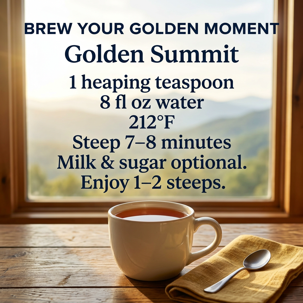 Golden Summit brewing: 1 heaping teaspoon, 8 fl oz water at 212°F, steep 7–8 minutes. Milk and sugar optional; enjoy 1–2 steeps.