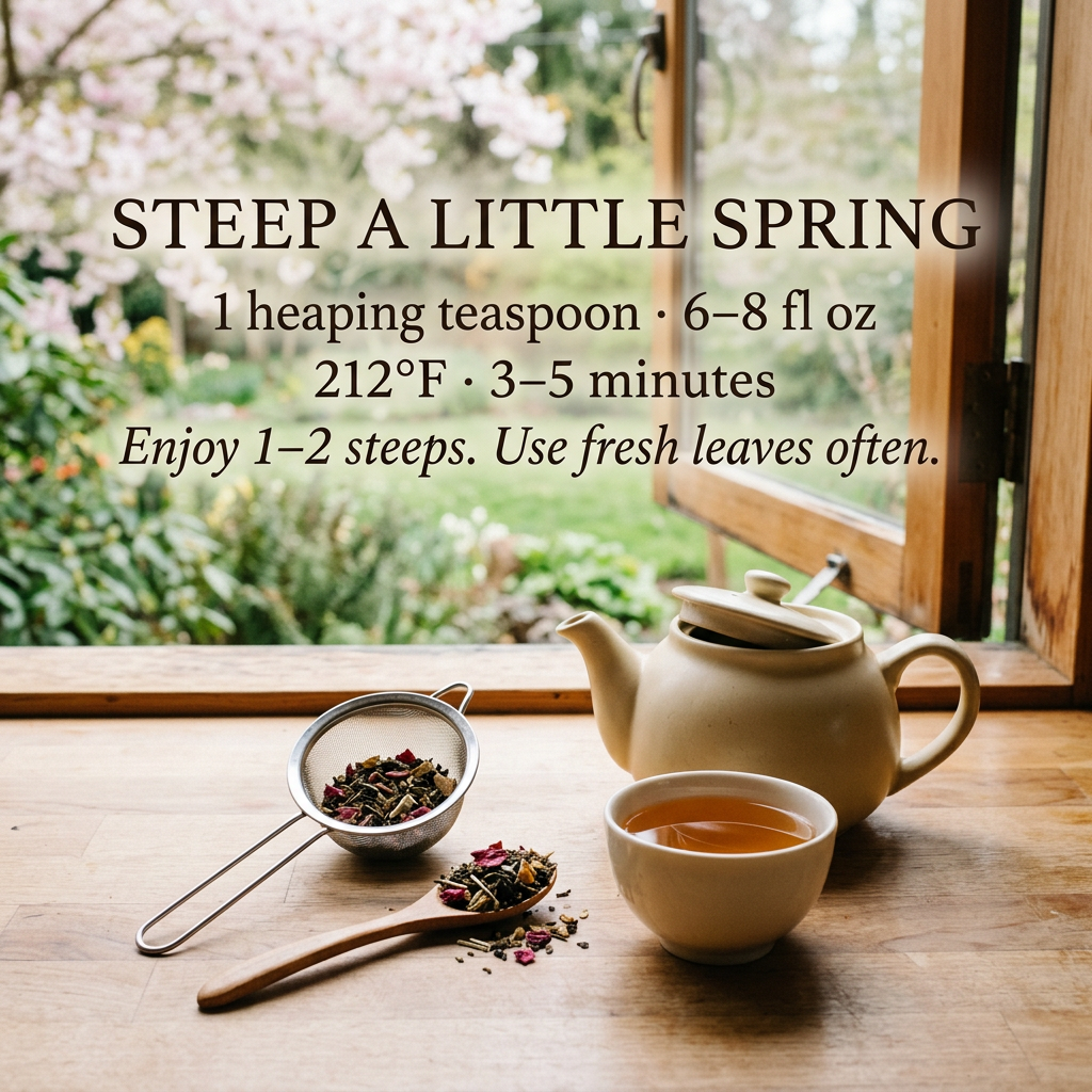 Northwest Spring brewing: 1 heaping teaspoon per 6–8 fl oz, 212°F, 3–5 minutes. Enjoy 1–2 steeps and use fresh leaves often.