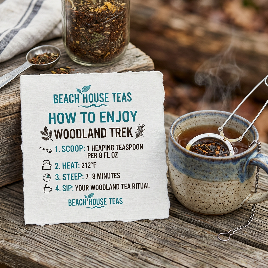 Woodland Trek brewing guide: one heaping teaspoon per 8 fl oz, water at 212°F, steep 7–8 minutes.