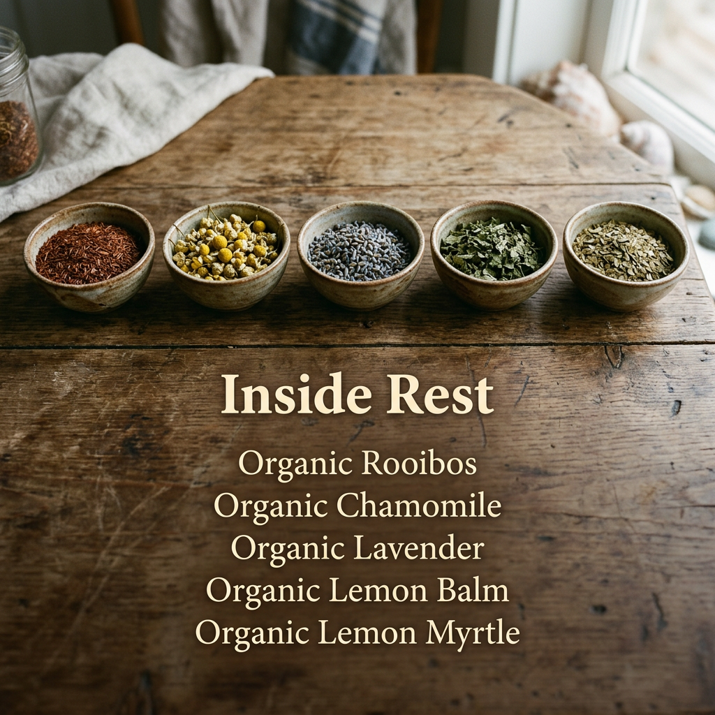 Rest ingredients: Organic Rooibos, Organic Chamomile, Organic Lavender, Organic Lemon Balm, Organic Lemon Myrtle.