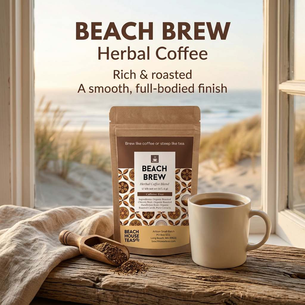 Beach Brew Herbal Coffee bag beside a cream mug and scoop of ground herbal blend in a coastal cottage window, highlighting rich roasted flavor and a smooth full-bodied finish.