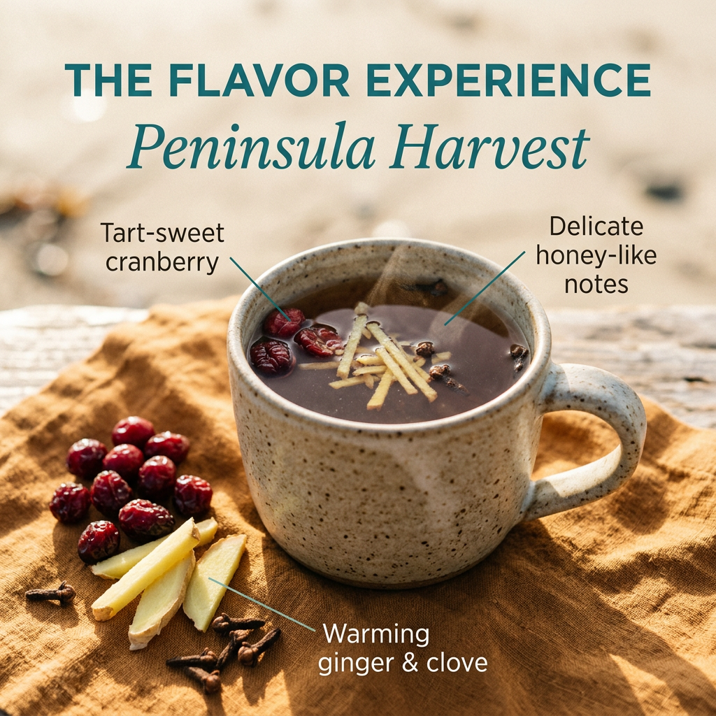 Peninsula Harvest flavor slide highlighting cranberry, ginger, clove and honey-like notes.