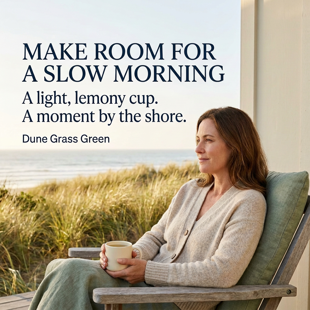 A woman in an oatmeal cardigan holds a cream mug on a coastal deck chair overlooking dune grasses and ocean, with her full head and face visible. Make room for a slow morning. A light, lemony cup. A moment by the shore. Dune Grass Green.