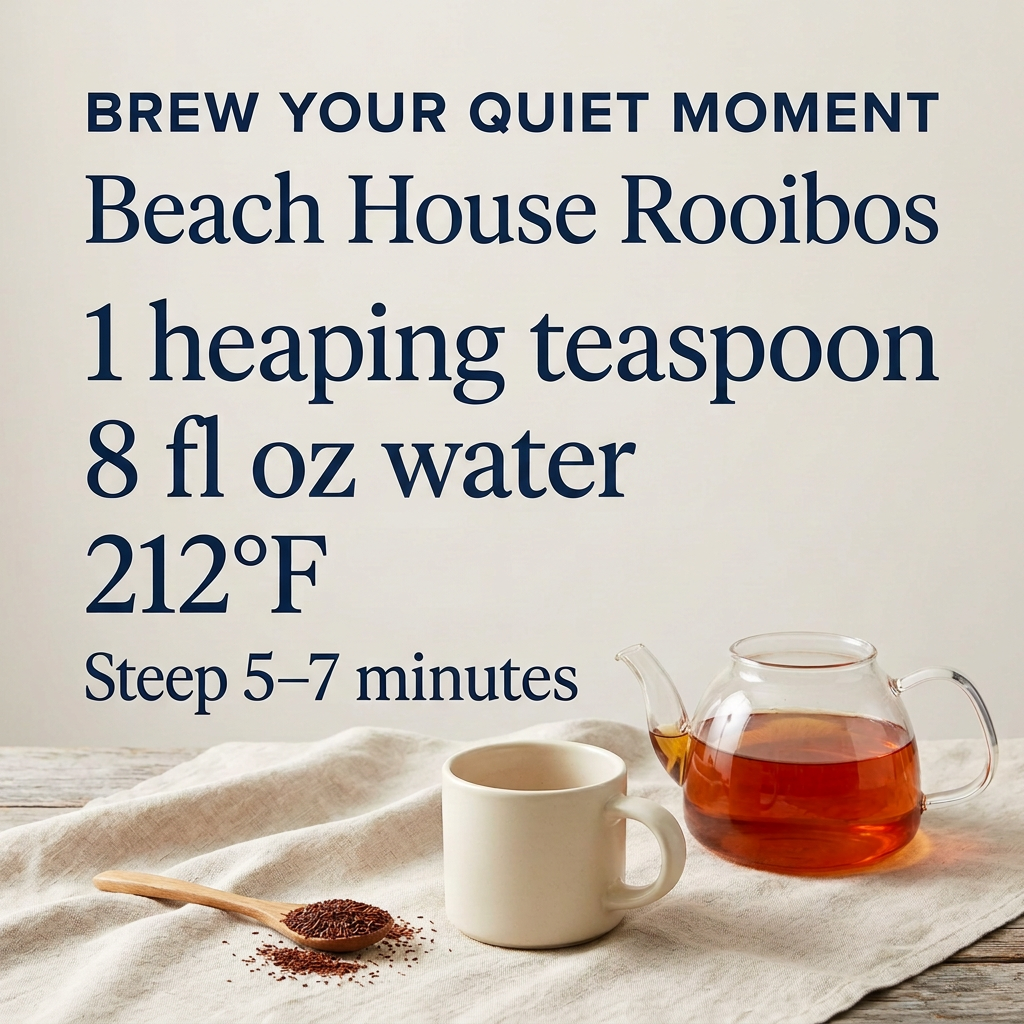 Beach House Rooibos brewing guide: 1 heaping teaspoon, 8 fl oz water, 212°F, steep 5–7 minutes. Amber rooibos in a glass teapot beside a cream mug and wooden spoon of dry rooibos on oatmeal linen.