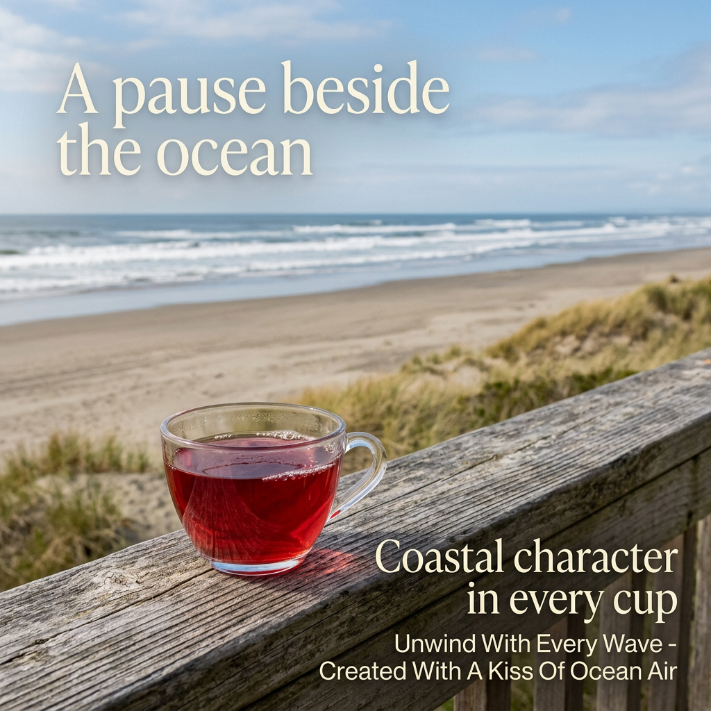 Ruby herbal tea overlooking the ocean with Beach House Teas’ ocean-air motto.