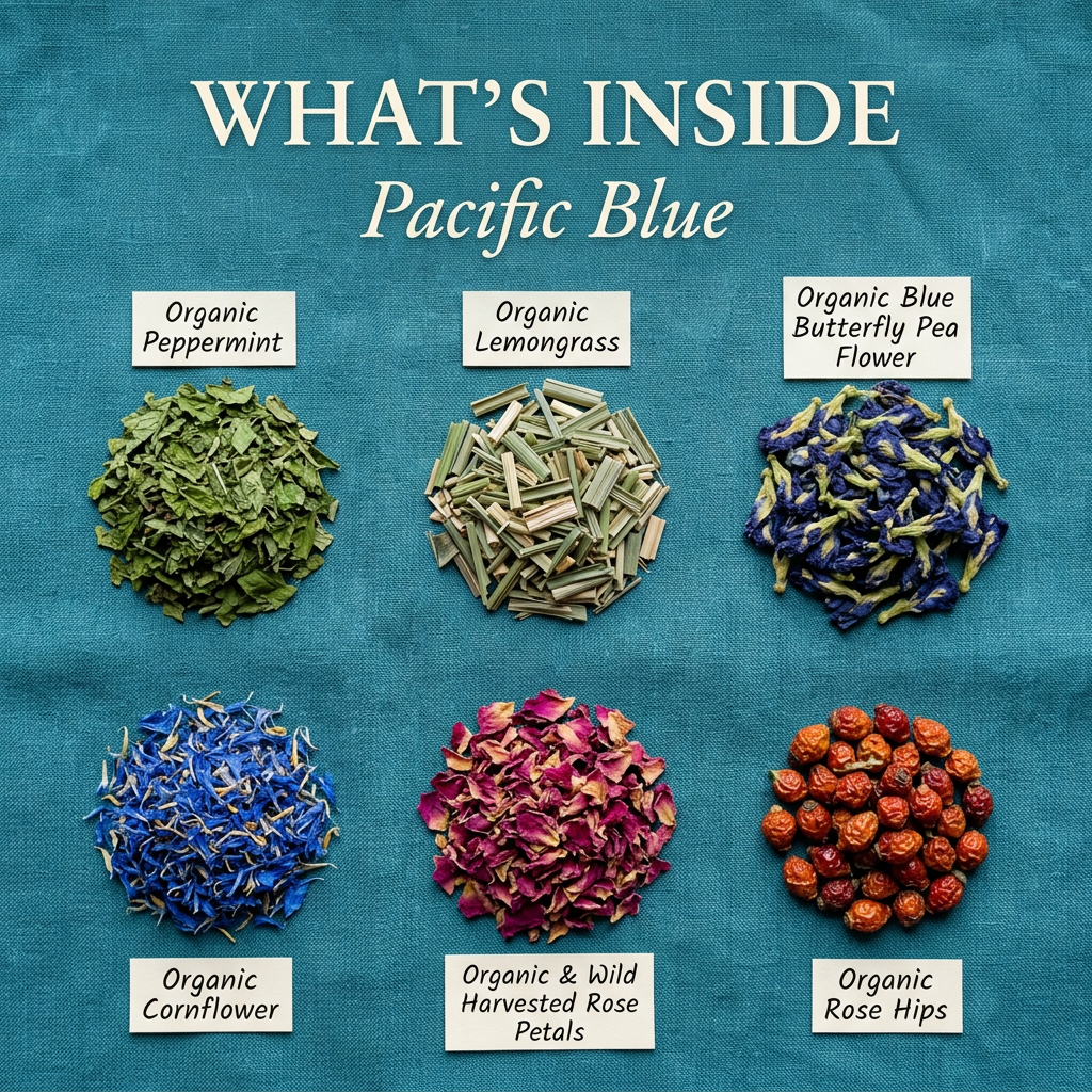Pacific Blue ingredients: peppermint, lemongrass, blue butterfly pea flower, cornflower, rose petals and rose hips, without packaging.