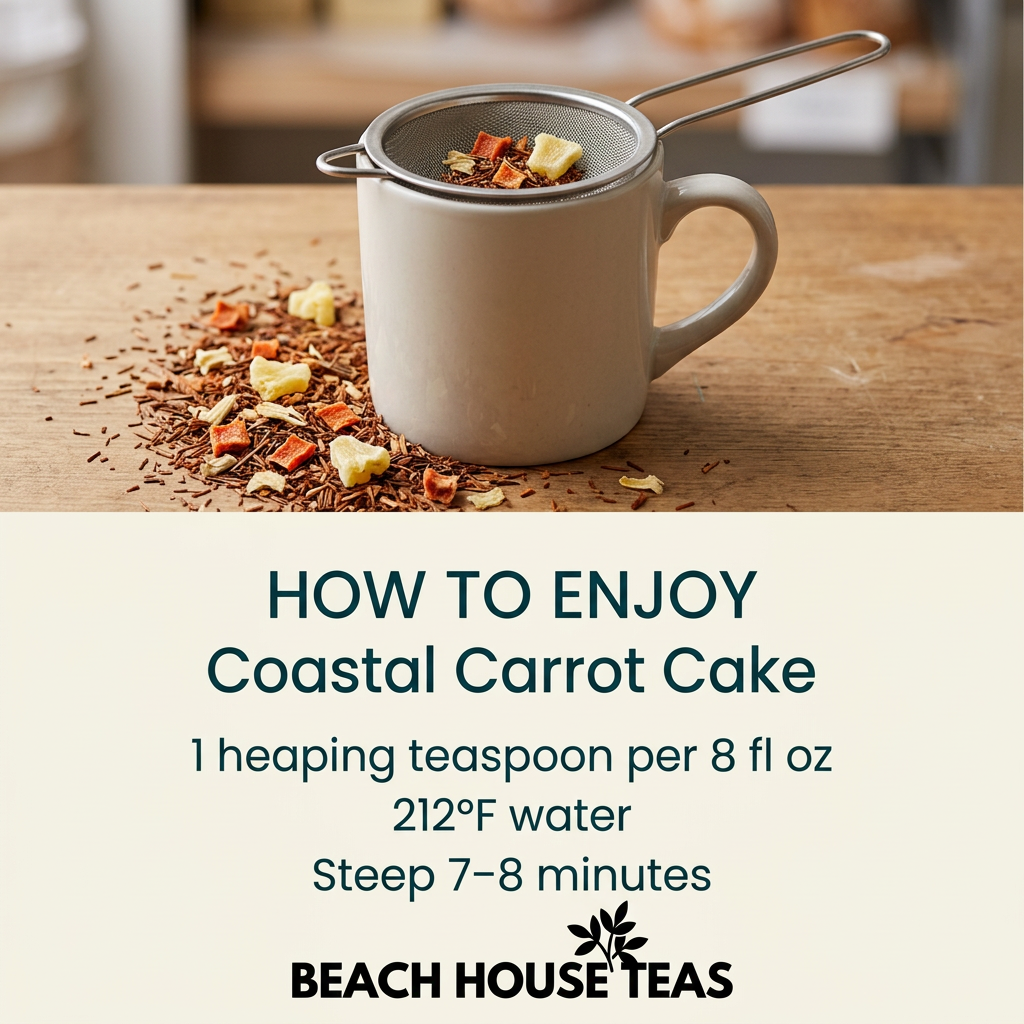 Coastal Carrot Cake brewing guide: 1 heaping teaspoon per 8 fl oz, 212°F water, steep 7–8 minutes, with plain mug, mesh infuser and horizontal Beach House Teas logo.