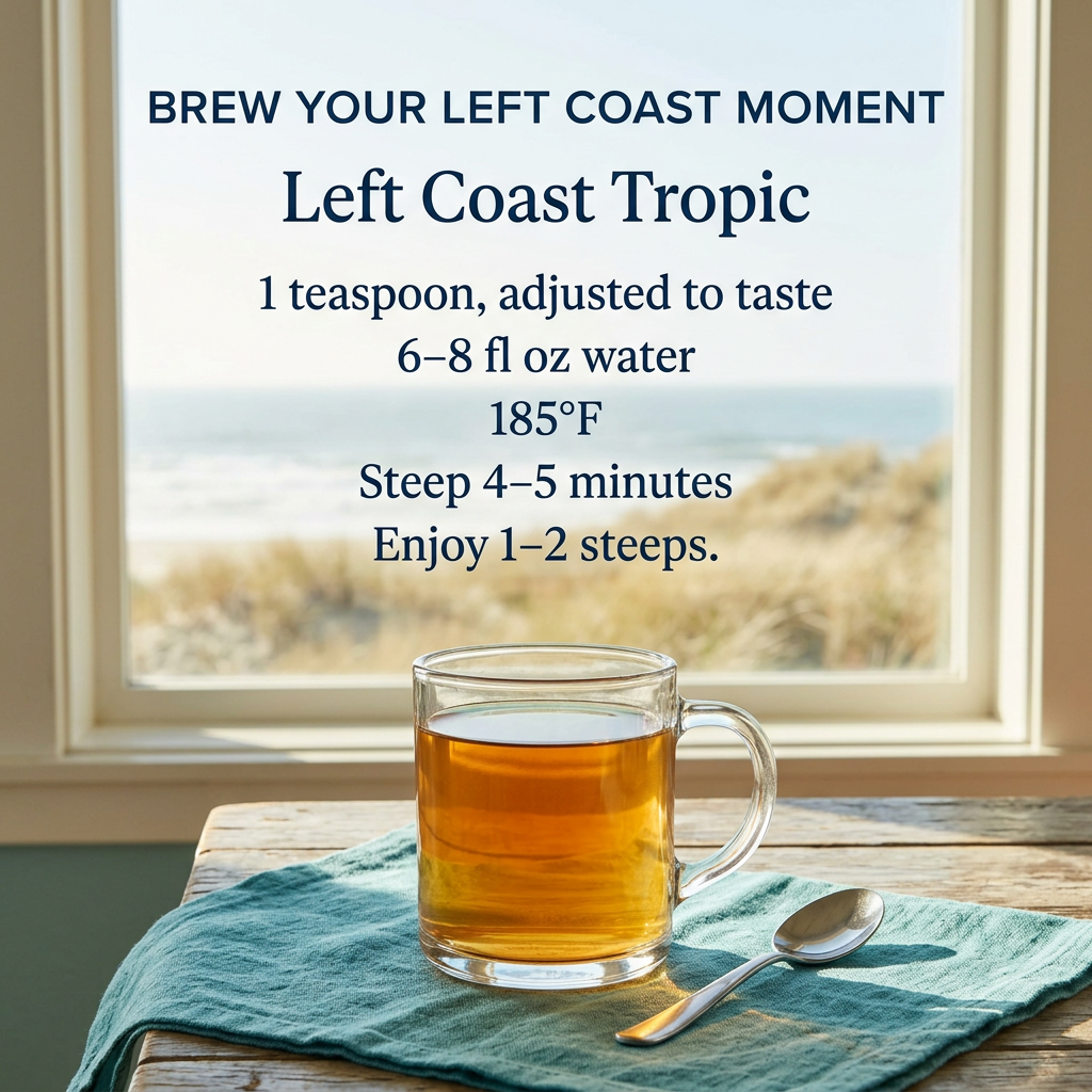 Left Coast Tropic brewing: 1 teaspoon adjusted to taste, 6–8 fl oz water at 185°F, steep 4–5 minutes. Enjoy 1–2 steeps.