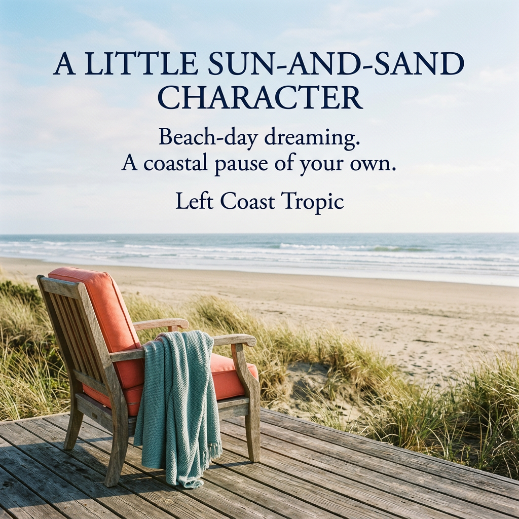 Left Coast Tropic brand story: beach-day dreaming and a coastal pause overlooking a broad sandy shoreline.