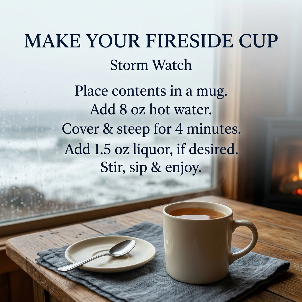 Storm Watch preparation guide: Place contents in a mug. Add 8 oz hot water. Cover and steep for 4 minutes. Add 1.5 oz liquor, if desired. Stir, sip and enjoy. Cream mug of amber drink beside a saucer and spoon at a stormy coastal cabin window.