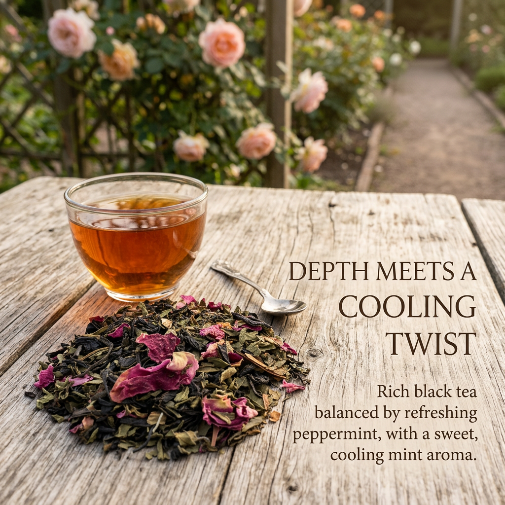 Rose City Dark flavor: rich black tea with refreshing peppermint and a sweet, cooling mint aroma.
