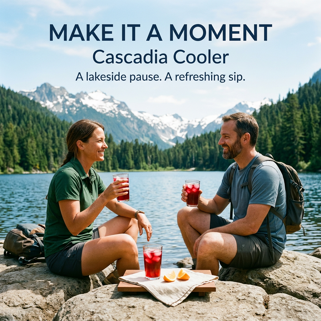 Two adult hikers enjoy ruby-red Cascadia Cooler iced tea beside an alpine lake surrounded by evergreen forest and mountain peaks.