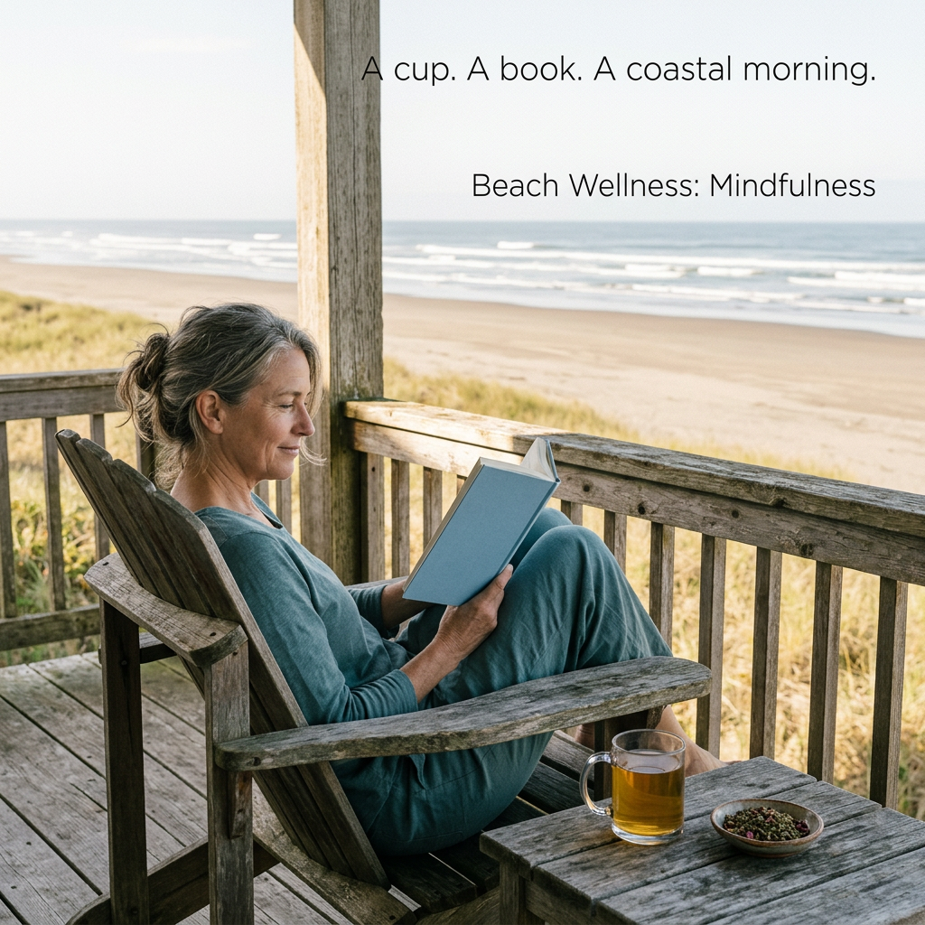 Woman reading on a coastal porch beside Mindfulness tea and loose botanicals.