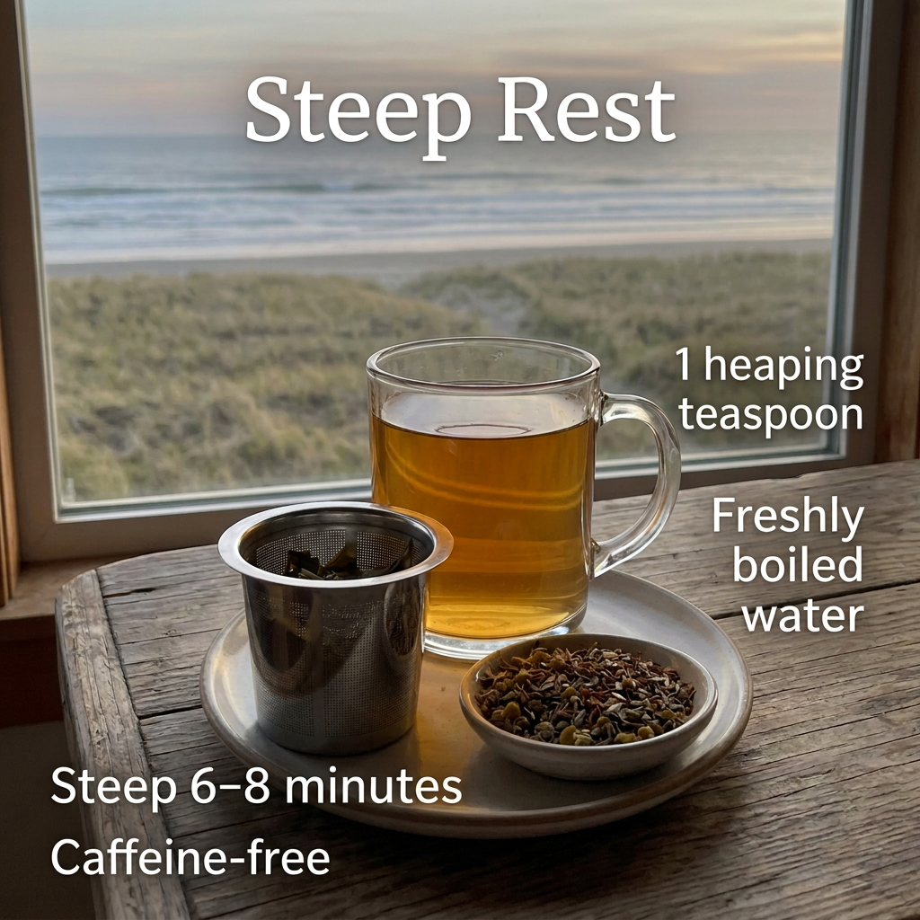 Steep Rest using one heaping teaspoon and freshly boiled water for 6–8 minutes. Caffeine-free.