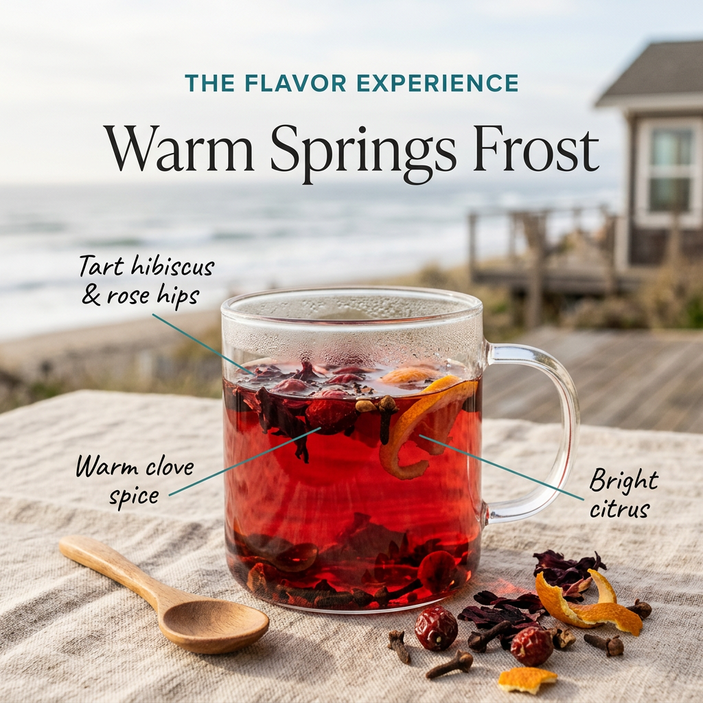 Warm Springs Frost flavor slide highlighting tart hibiscus, rose hips, warm clove spice and citrus.