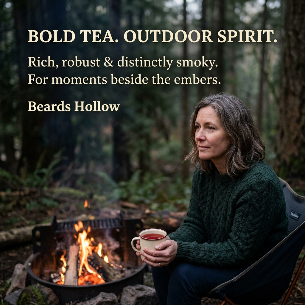 Adult enjoying a crimson cup of Beards Hollow beside a woodland campfire. Rich, robust and distinctly smoky tea.