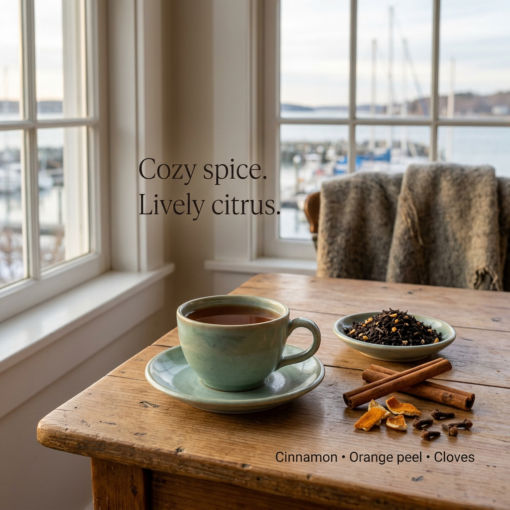 Starboard Spice tea with warming cinnamon, orange peel and cloves beside a coastal window.