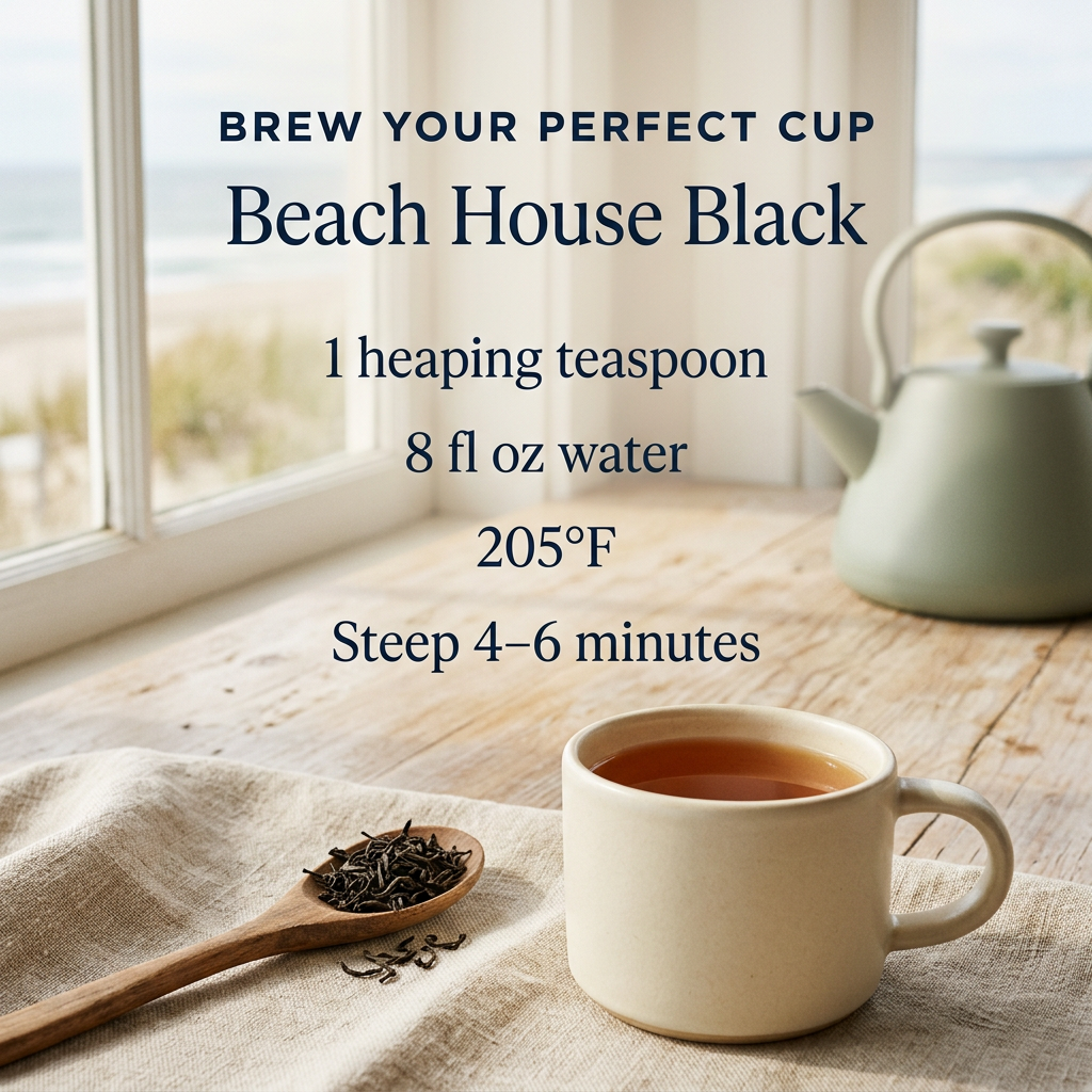 Beach House Black brewing guide: 1 heaping teaspoon, 8 fl oz water, 205°F, steep 4–6 minutes. A cream mug of amber black tea beside a wooden spoon of loose leaves on linen at a coastal cottage window.