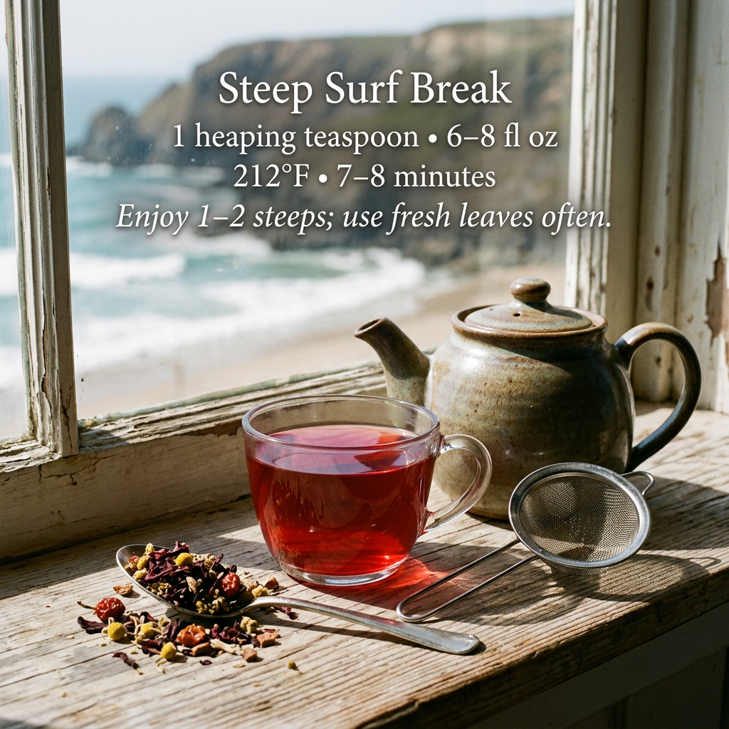 Surf Break brewing: 1 heaping teaspoon per 6–8 fl oz, 212°F for 7–8 minutes. Enjoy 1–2 steeps and use fresh leaves often.