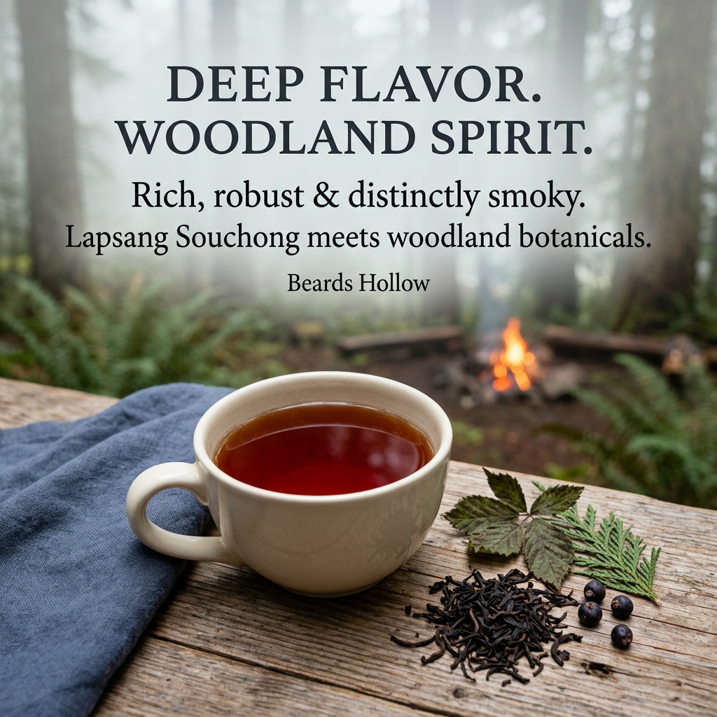 Cream cup of deep amber tea beside black tea leaves, blackberry leaf, cedar leaf and juniper berries on a rustic woodland table with a distant campfire. Deep flavor. Woodland spirit. Rich, robust & distinctly smoky. Lapsang Souchong meets woodland botanicals. Beards Hollow.