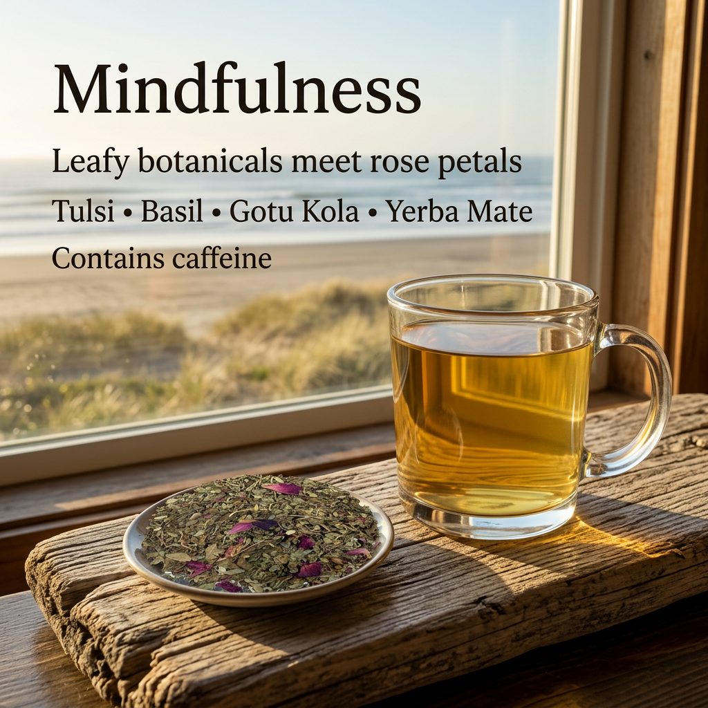 Mindfulness leafy botanicals and rose petals beside a glass mug of golden tea overlooking the shore. Contains caffeine.