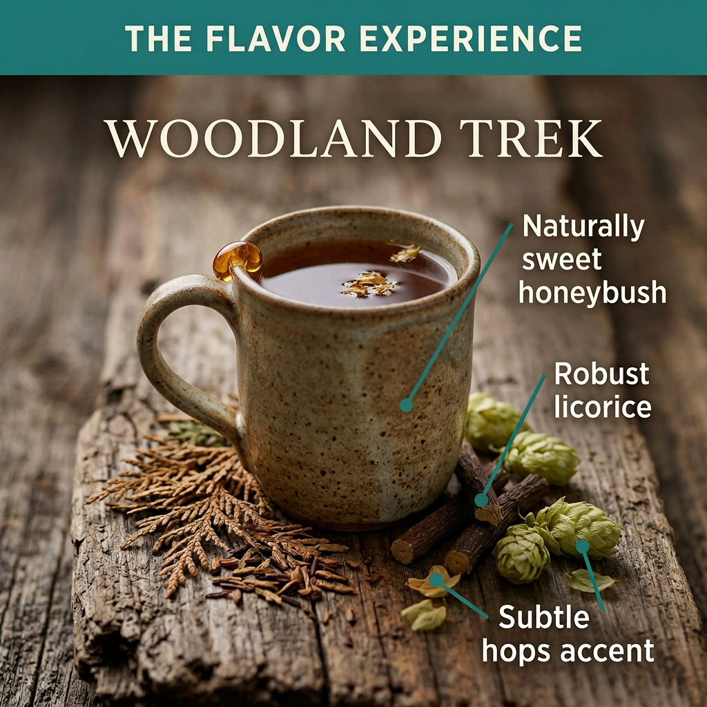 Woodland Trek flavor slide with ceramic mug, highlighting sweet honeybush, robust licorice and subtle hops.