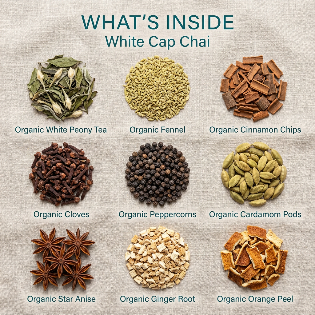White Cap Chai ingredients: white peony tea, fennel, cinnamon chips, cloves, peppercorns, cardamom pods, star anise, ginger root and orange peel.