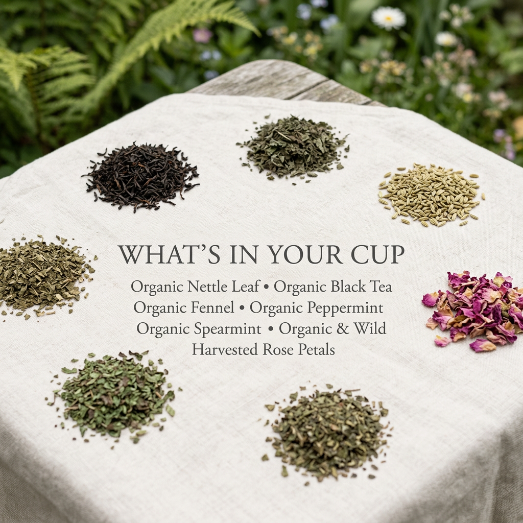 Northwest Spring ingredients: organic nettle leaf, black tea, fennel, peppermint, spearmint, and organic and wild harvested rose petals.