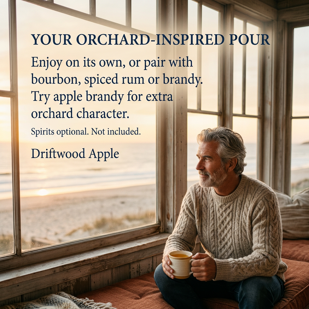 Adult enjoying Driftwood Apple by a coastal window. Optional pairings include bourbon, spiced rum, brandy or apple brandy. Spirits not included.