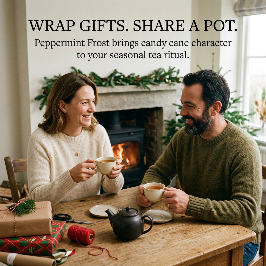 Two adults sharing Peppermint Frost tea while wrapping holiday gifts.