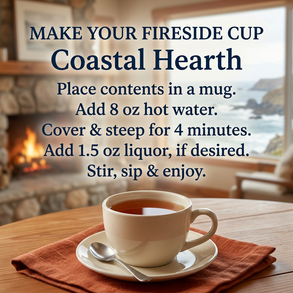 Coastal Hearth preparation: contents in a mug, 8 oz hot water, cover and steep 4 minutes, optionally add 1.5 oz liquor, stir and enjoy.