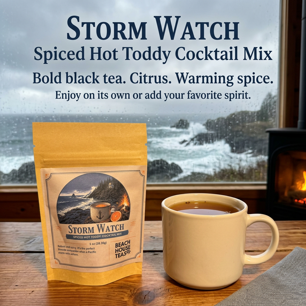 Storm Watch spiced hot toddy cocktail mix pouch beside a cream mug of amber drink at a cabin window overlooking stormy coastal surf, with a glowing fireplace. Bold black tea. Citrus. Warming spice. Enjoy on its own or add your favorite spirit.