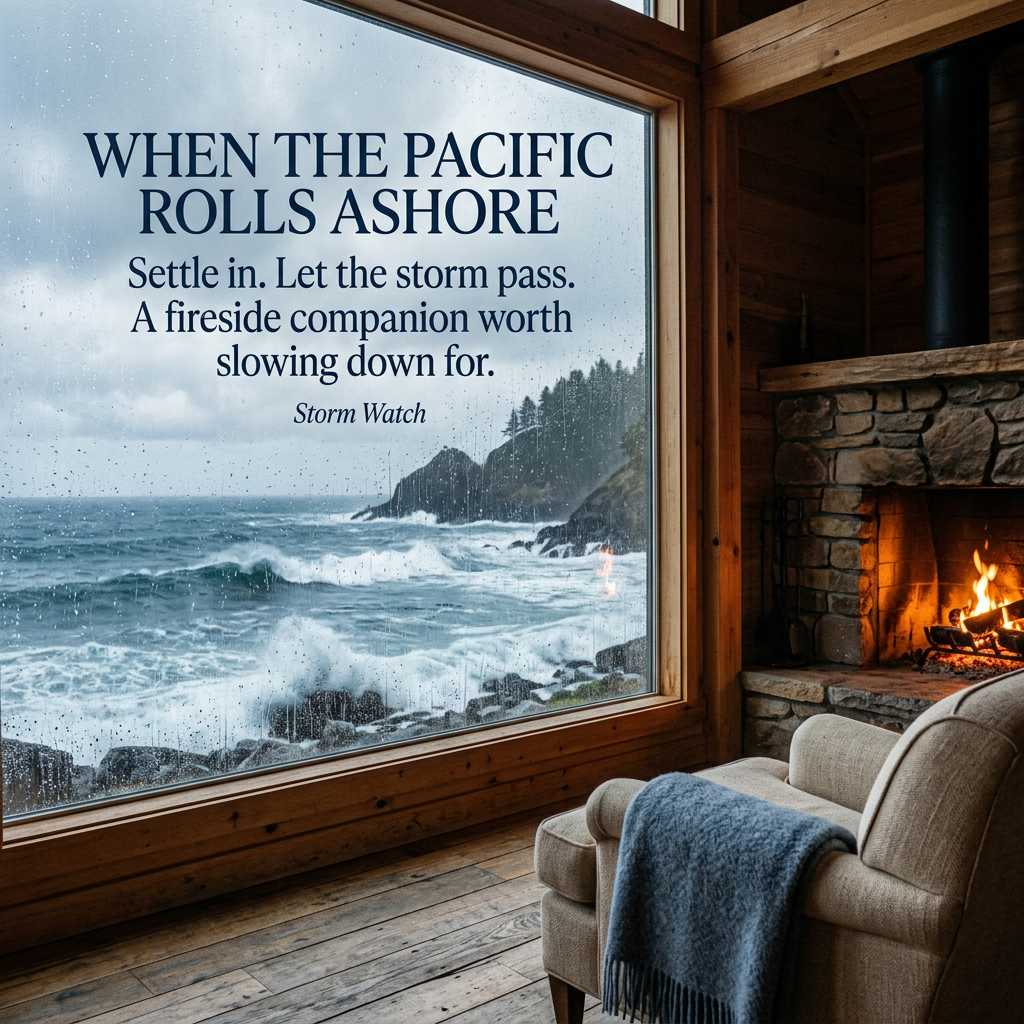 Cozy cedar cabin with a glowing stone fireplace and cream armchair beside a rain-streaked window overlooking stormy Pacific surf. When the Pacific rolls ashore. Settle in. Let the storm pass. A fireside companion worth slowing down for. Storm Watch.