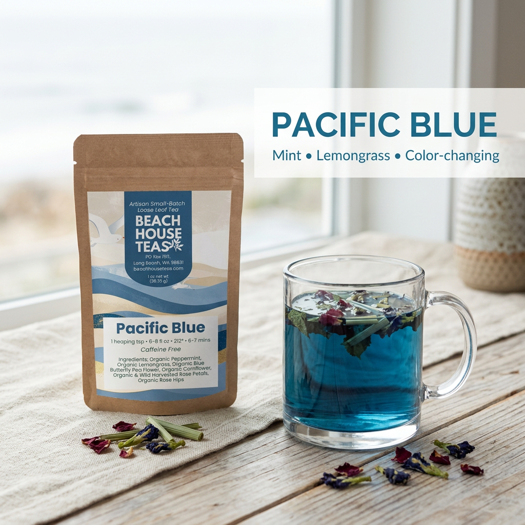 Pacific Blue mint, lemongrass and butterfly pea herbal blend hero slide.