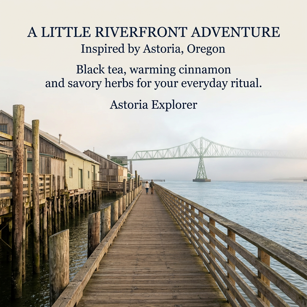 Astoria-inspired waterfront walkway beside historic timber buildings and the Columbia River, with a green bridge in the mist. A little riverfront adventure. Inspired by Astoria, Oregon. Black tea, warming cinnamon and savory herbs for your everyday ritual.
