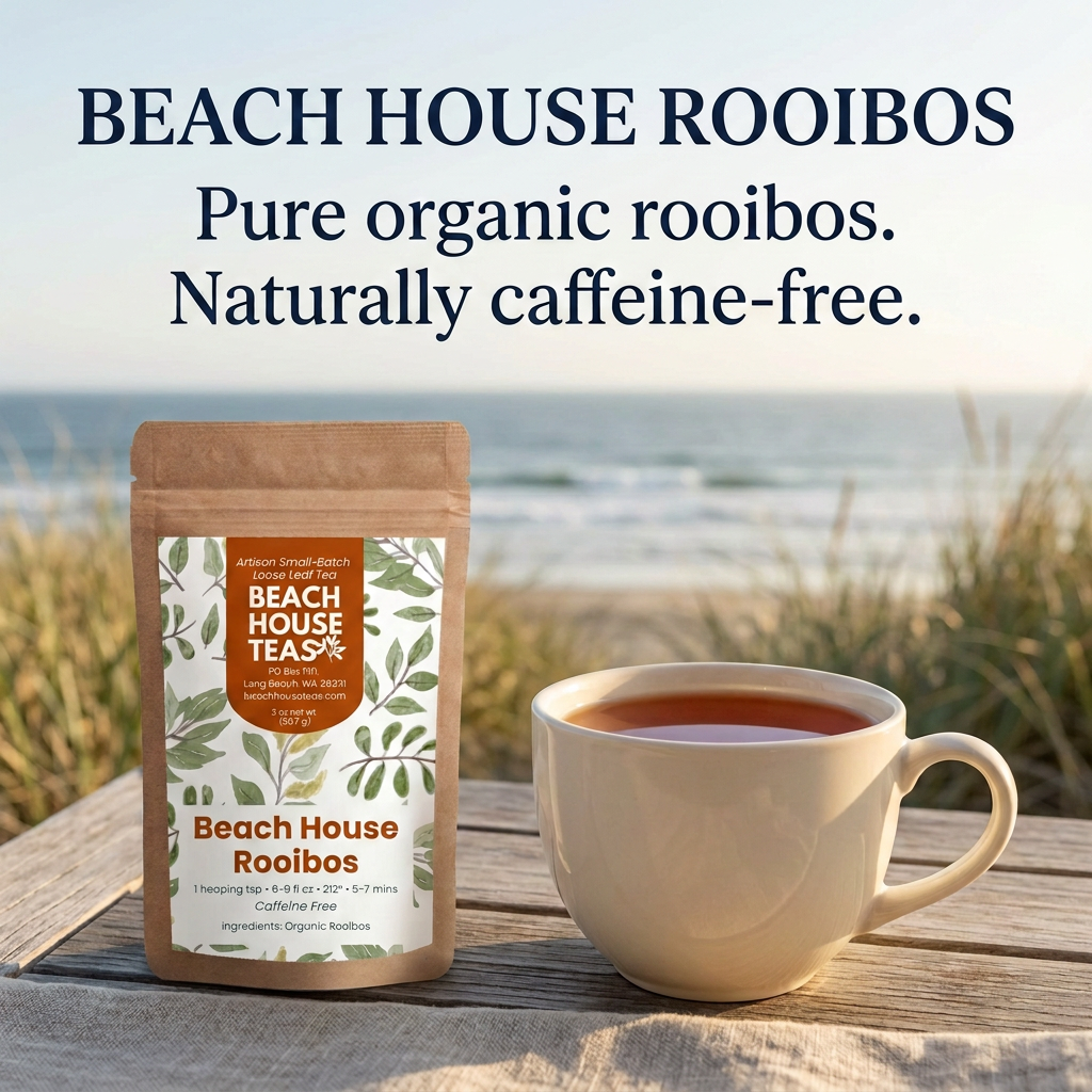 Beach House Rooibos pouch beside a cream mug of amber rooibos tea on a weathered coastal table overlooking dunes and ocean. Pure organic rooibos. Naturally caffeine-free.