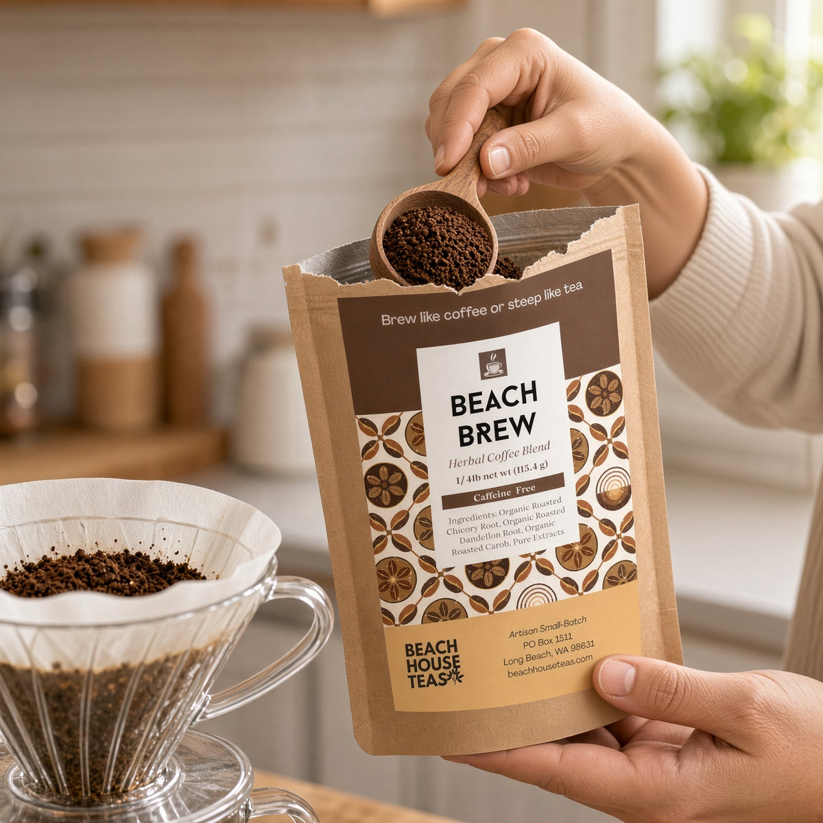 Hands scooping Beach Brew Herbal Coffee from an open pouch beside a pour-over filter