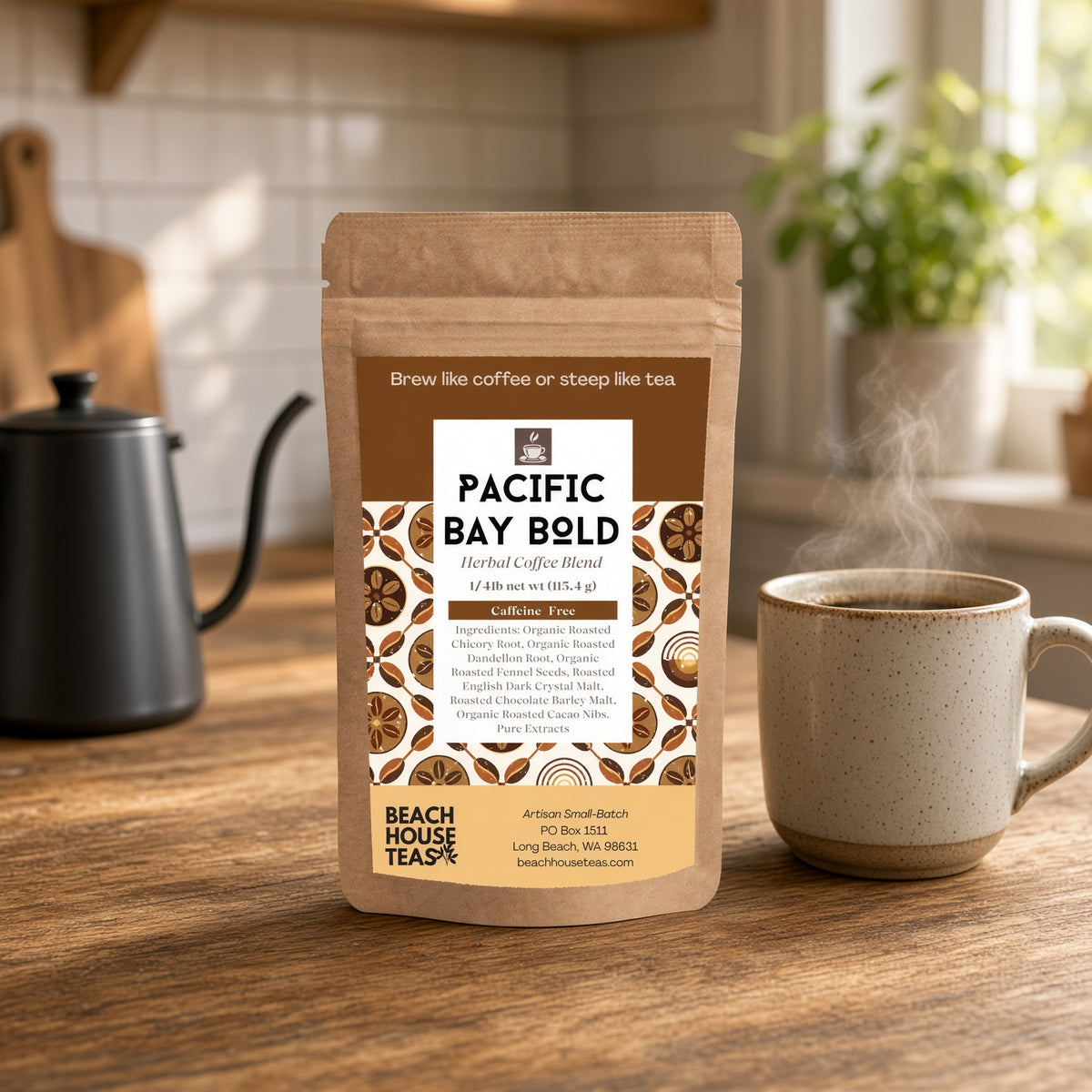Pacific Bay Bold herbal coffee pouch beside a steaming ceramic mug and black kettle on a kitchen counter