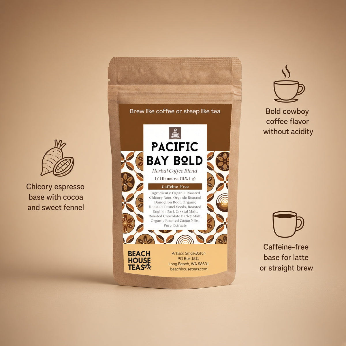 Pacific Bay Bold herbal coffee pouch on a tan background with botanical and cup icons and product highlights