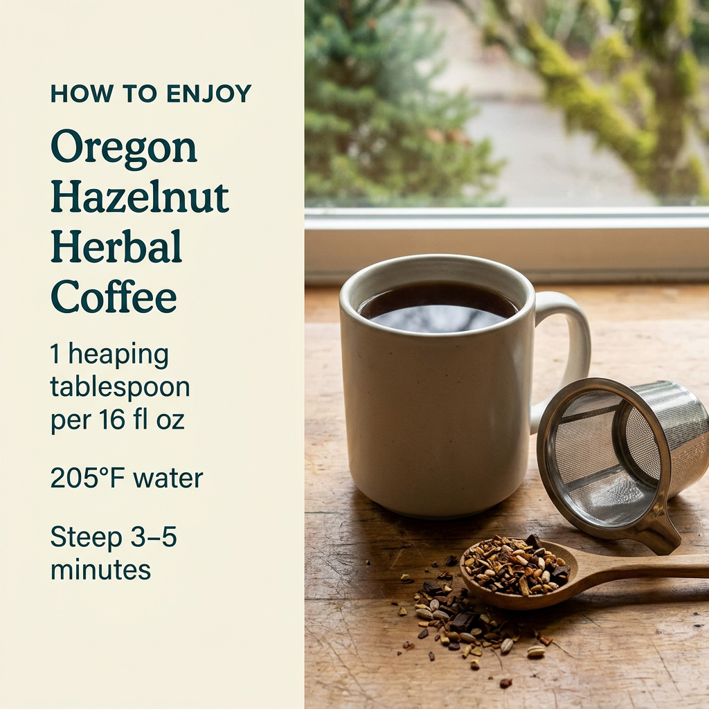 Oregon Hazelnut Herbal Coffee brewing guide: 1 heaping tablespoon per 16 fl oz, 205°F water, steep 3–5 minutes, with dark herbal brew and mesh infuser, without packaging or logo.
