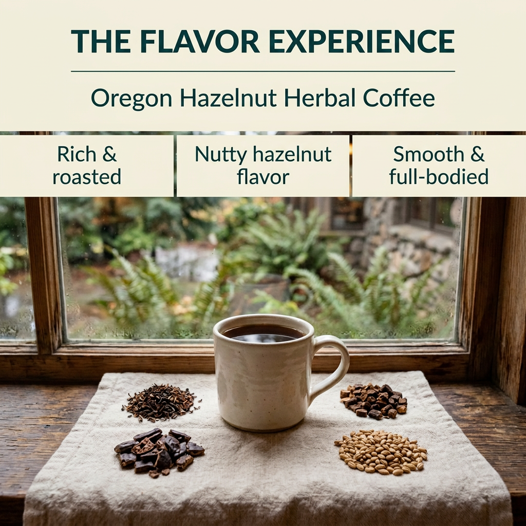 Oregon Hazelnut Herbal Coffee flavor slide: rich and roasted, nutty hazelnut flavor, smooth and full-bodied, with dark herbal brew and listed ingredient props, without packaging or logo.