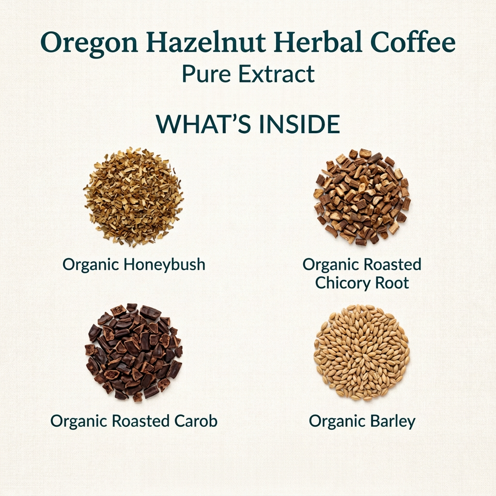 Oregon Hazelnut Herbal Coffee ingredients: organic honeybush, organic roasted chicory root, organic roasted carob, organic barley and pure extract, without packaging or logo.