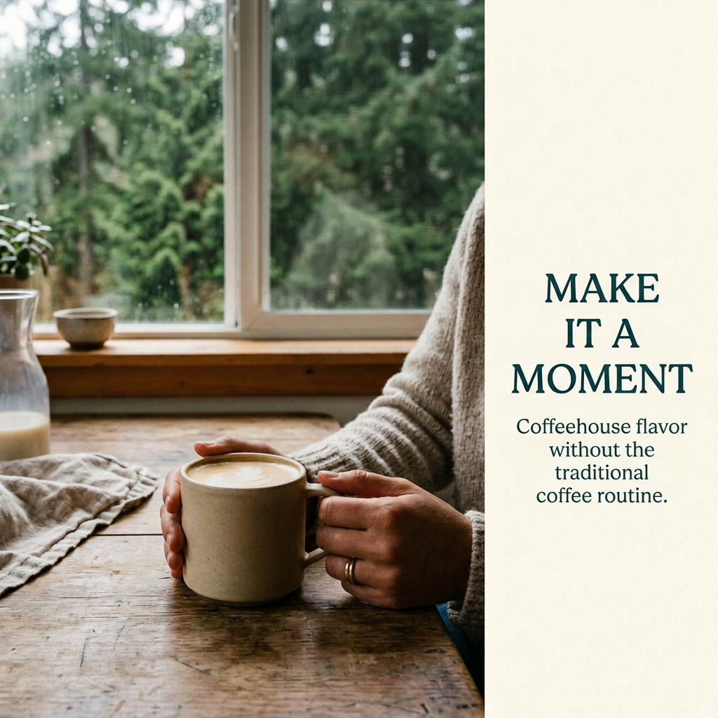 Oregon Hazelnut Herbal Coffee lifestyle slide showing hands holding a latte-style mug in a cozy morning kitchen, with coffeehouse flavor caption, without packaging or logo.