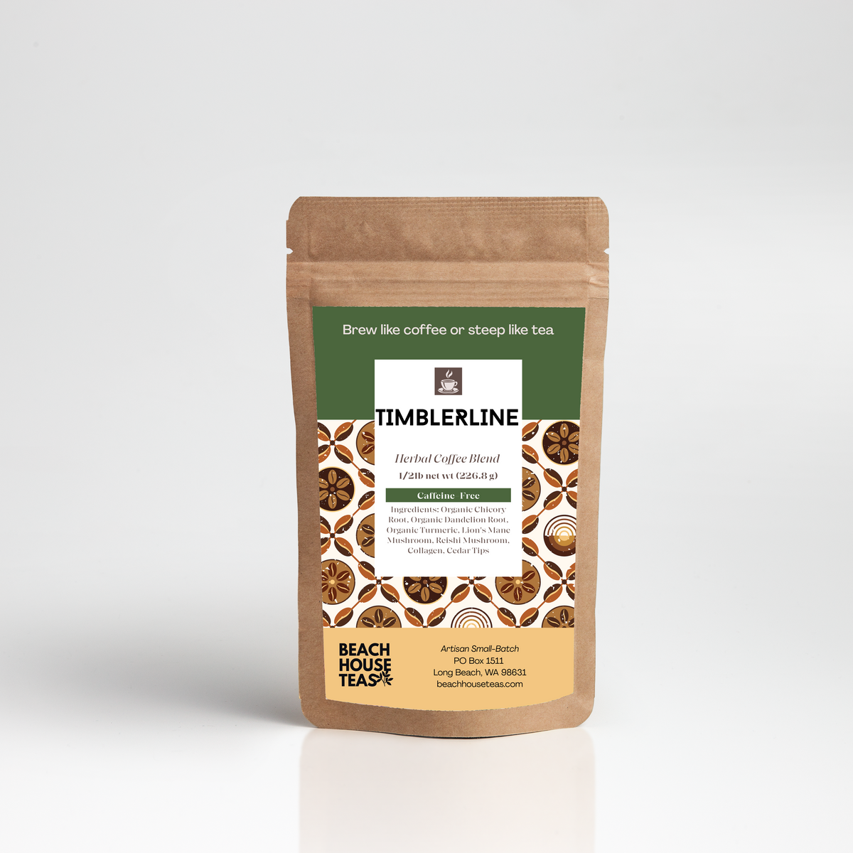 Beach House Teas Timberline herbal coffee in a 1/2 lb resealable kraft pouc