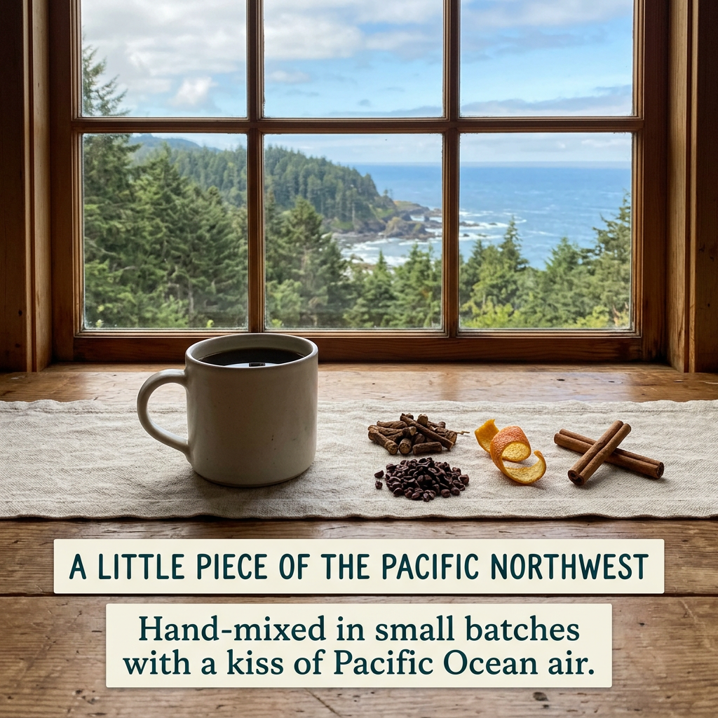 Tinkerville 1881 Herbal Coffee coastal window brand scene with dark herbal brew, chicory, cocoa nibs, orange peel and cinnamon, and ocean-air motto, without packaging or logo.