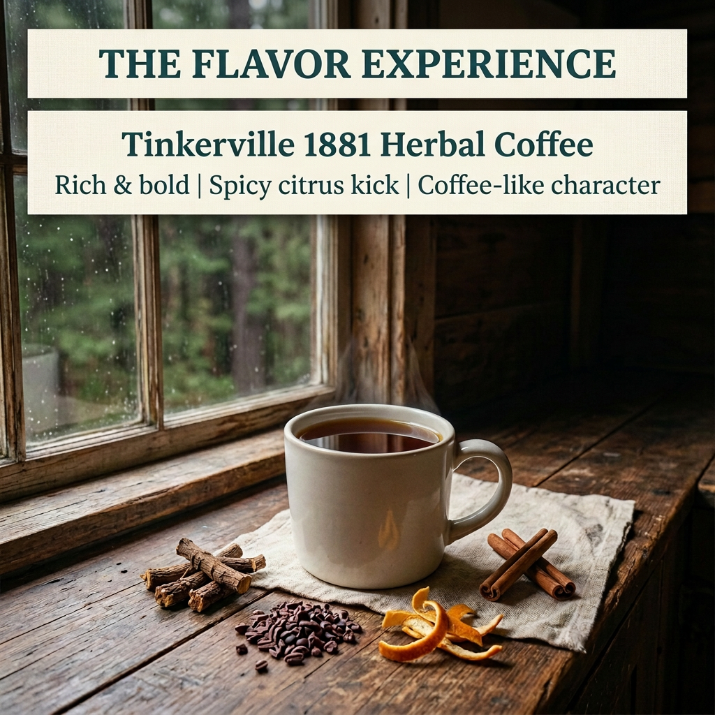 Tinkerville 1881 Herbal Coffee flavor slide with clear strained dark brew, roasted chicory, cocoa nibs, orange peel and cinnamon, highlighting rich bold flavor and spicy citrus character, without packaging or logo.