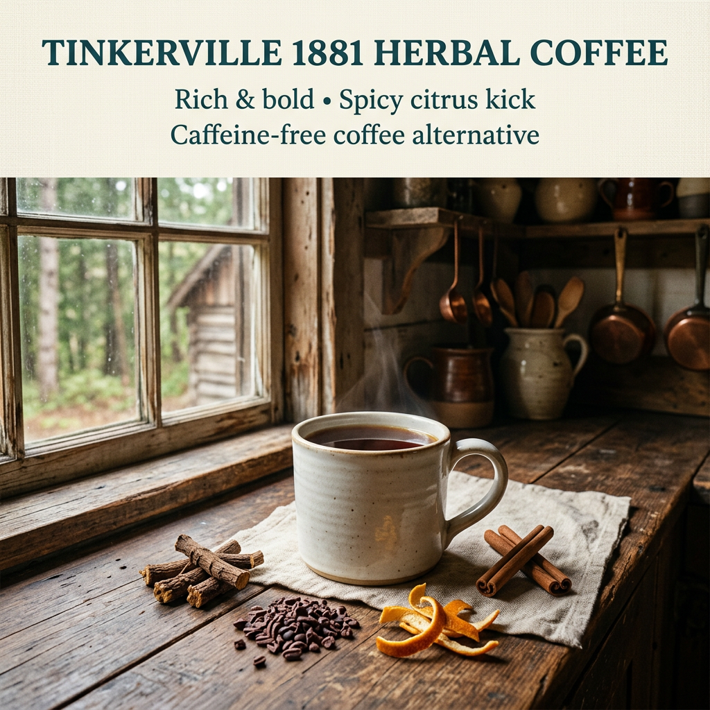 Tinkerville 1881 Herbal Coffee hero with dark herbal brew, roasted chicory, cocoa nibs, orange peel and cinnamon in rustic kitchen, without packaging or logo.