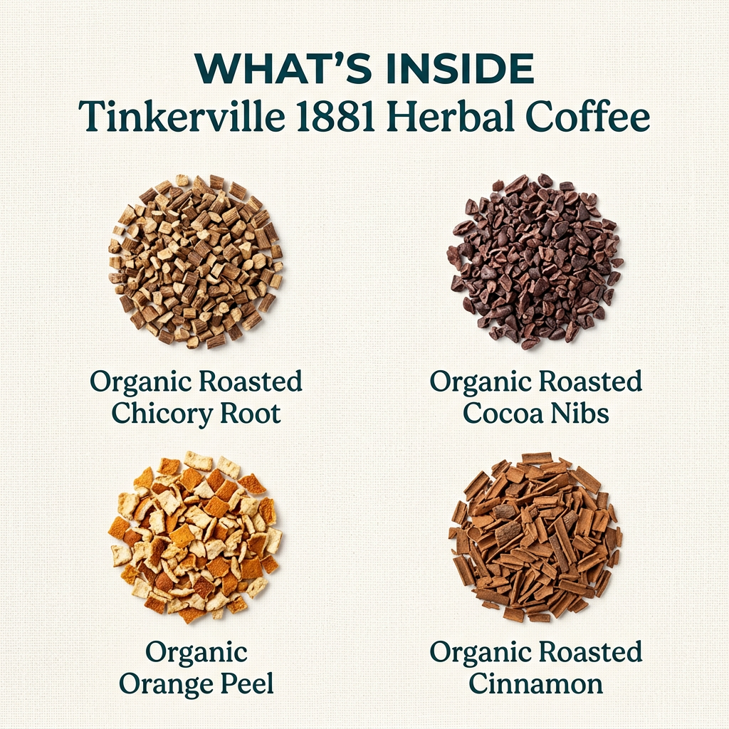 Tinkerville 1881 Herbal Coffee ingredients: organic roasted chicory root, organic roasted cocoa nibs, organic orange peel and organic roasted cinnamon, without packaging or logo.